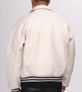 Blouson bomber en cuir PU noir pour homme, col rabattu, fermeture éclair, poignets rayés, veste décontractée - Product Image 6