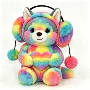 ตุ๊กตาฮัสกี้นุ่มสีรุ้งแบบย้อมสีพิเศษ พร้อมที่ปิดหูแบบปอมปอม ตุ๊กตาฮัสกี้น่ารักนั่งถือกล่องของขวัญ - Product Image 2