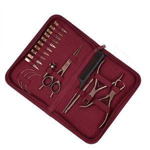 Kit d'outils professionnels pour extensions de cheveux en or rose, ciseaux en acier inoxydable, pinces, aiguille avec étui en cuir de qualité supérieure - Product Image 1