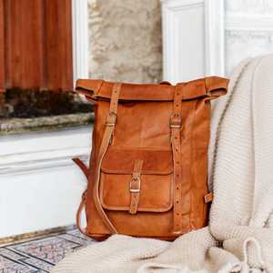 Vintage Leather <b>Roll</b> Top <b>Backpack</b> 100% Genuine Cowhide Travel Bag Mens Large Capacity Laptop Rucksack LTBP-0041 - Product Image 2