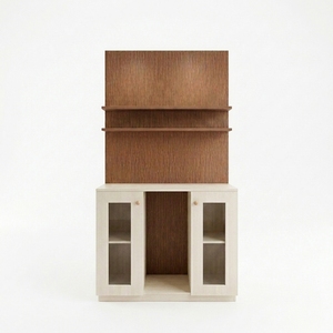 Buffet de cuisine moderne bicolore en bois, blanc cassé, avec étagères ouvertes et portes vitrées, meuble de bar à café, mobilier de salle à manger - Product Image 1