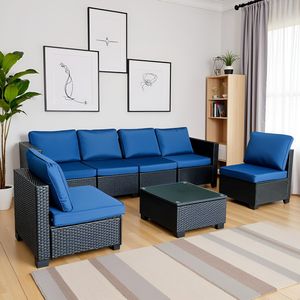 Set di divani da esterno in rattan PE nero da 7 pezzi con tavolo e cuscini blu, mobili da giardino - Product Image 2