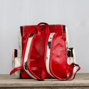 Red Genuine Leather <b>Backpack</b> Square Shape Zipper Closure Detachable Shoulder Strap Water Resistant All Seasons Daily Use - Product Image 3