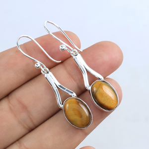 Pendientes Colgantes de Piedra Ojo de Tigre Natural, Plata de Ley 925, Elegantes Pendientes de Piedra Ovalada para Mujer, Hechos a Mano, Venta al Por Mayor - Product Image 1