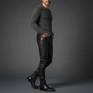 Pantalones de cuero marrón para hombre, pantalones de cuero auténtico de corte ajustado, ropa informal de calle - Product Image 5