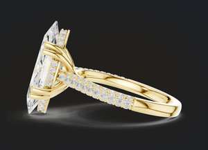 Anillo de compromiso y aniversario de lujo con diamante cultivado en laboratorio con corte marquesa, certificado IGI, E VVS2, oro macizo, halo oculto y doble punta. - Product Image 3