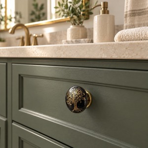 SHUBHAM Black & Gold Tree of Life <b>Ceramic</b> Cabinet <b>Knob</b> Round Decorative <b>Drawer</b> Pull Handle with Metal Base for Furniture - Product Image 2