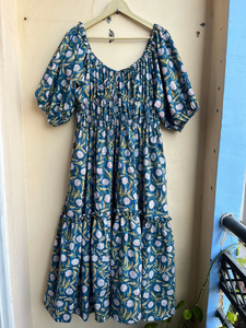 Vestido midi casual verde para mujer, con escote corazón, mangas abullonadas, estampado floral, tela de algodón, vestido largo maxi a precio de fábrica. - Product Image 4