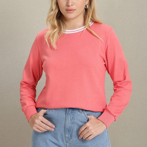 Coral Crew Neck Sweatshirt Solid Color Knitted Long Sleeve Casual Autumn Wear Women Regular Fit - Product Image 5