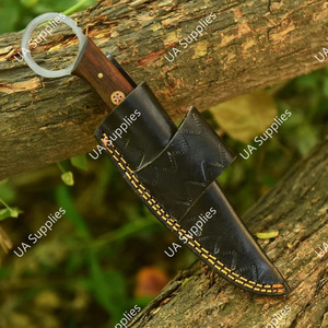 Cuchillo utilitario de hoja fija de 8 pulgadas de acero de Damasco hecho a mano con orificio para el dedo, mango ergonómico de palisandro, funda de cuero y madera, cuchillos EDC OEM - Product Image 4