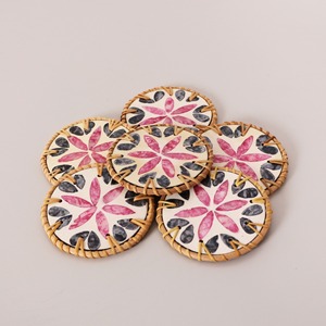 Wood <b>coaster</b> set with holder superior quality rattan mother of pearl <b>coasters</b> <b>drink</b> cup mats - Product Image 4