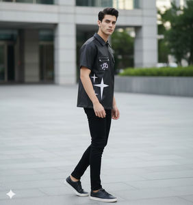 Camisa de Cuero Sintético para Hombre, Estilo Urbano, con Estampado Gráfico, Cierre Frontal con Cremallera, Estilo Casual Biker, Tejido de Punto Corto, Primavera 2026, Alta Calidad - Product Image 5