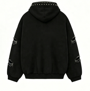 Sweat à capuche personnalisé avec lettres en strass, sweat à capuche noir surdimensionné à manches déchirées, streetwear de haute qualité, sweat à capuche pour hommes - Product Image 2