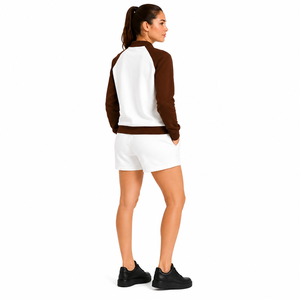 Women's Two Piece Shorts <b>Set</b> White Brown Raglan Sleeve Bomber Jacket Casual Winter Knitted Cotton High Street Reversible O-Neck - Product Image 4