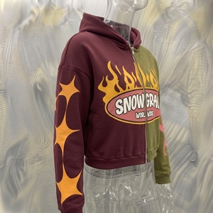 เสื้อฮู้ดโอเวอร์ไซส์ทรงครอปแบบซิป Snow Grace สำหรับทุกเพศ สไตล์สตรีทแวร์ฤดูหนาว ลายพิมพ์เปลวไฟ โลโก้ด้านหน้า ผลิตจากผ้าฝ้าย 80% โพลีเอสเตอร์ 20% เนื้อผ้าเฟรนช์เทอร์รี่ - Product Image 2