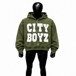เสื้อฮู้ดซิป City Boyz Olive รุ่นโอเวอร์ไซส์สำหรับผู้ชาย ผ้าฟลีซ สตรีทแวร์ พิมพ์ลายโลโก้ด้านหน้า ทรงปกติ ใส่ได้ในฤดูใบไม้ร่วง สไตล์ลำลอง ใส่สบาย - Product Image 1