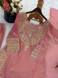 <b>Women's</b> Traditional Silk Ankle-Length <b>Suit</b> Set With Embroidered Top Bottom And Dupatta Pink Green Yellow <b>Teal</b> Colors - Product Image 4