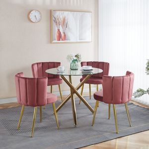 Set da Pranzo Mid-Century 1+4,5 Pezzi con Tavolo con Gambe in Metallo per 4-6 Persone, Piano in Vetro, Tavolo da Pranzo con Base a Piedistallo per Sala da Pranzo - Product Image 2