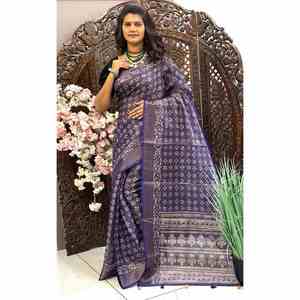 DISEÑADOR ALGODÓN IMPRESIÓN DIGITAL TRABAJO SAREE CON BLUSA SIN COSTAR MORADO - Product Image 1