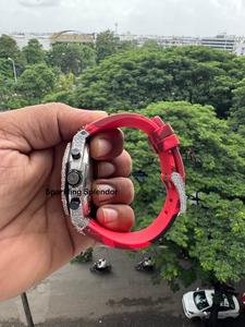 Montre chronographe personnalisée pour homme, diamants Moissanite VVS, bracelet en caoutchouc semi-serti, étanche, cadeau pour amis - Product Image 5