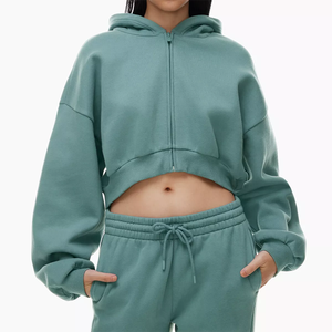 Women's <b>Mint</b> <b>Green</b> Cropped Hooded Sweatshirt Full Sleeve Printed Solid Color Casual Winter Wear 100% Cotton Knitted Lined - Product Image 4