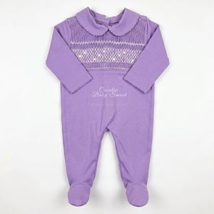 Combinaison Smocked Violette en Coton Premium à Manches Longues avec Pieds Intégrés pour Bébé Fille – Conception Personnalisée, Smocking Fait Main, Pyjama Bébé - Product Image 1