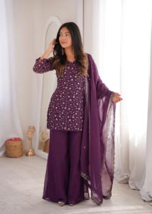Conjunto de Kurta, Pantalón y Dupatta de Seda para Mujer, Bordado con Lentejuelas y Trabajo Zari - Product Image 5