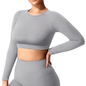 Conjunto Deportivo de Manga Larga sin Costuras con Logotipo Personalizado al por Mayor para Mujer, Pantalones Cortos de Cintura Alta, Fabricante de Ropa Deportiva de Marca Privada - Product Image 4