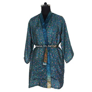 KS008 Kimono Vintage de Seda con Manga Corta, Estilo Sari, Vestido Corto Bohemio, Kimono Vintage, Vestido Corto de Dama de Honor, Estilo Bohemio - Product Image 6