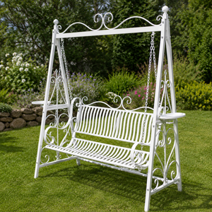 White Wrought Iron Garden Swing Bench With Chains Ornate Outdoor Patio Jhula With Side <b>Shelves</b> For Lawn Porch Furniture - Product Image 4