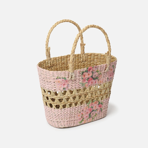 Handmade <b>Straw</b> Storage <b>Basket</b> Pink Bohemian Woven <b>Basket</b> with Handles for Living Room Organization 33x15x85cm - Product Image 5