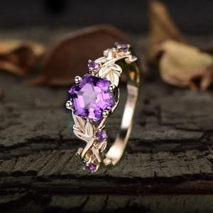 Anillo de Compromiso Vintage con Amatista de Corte Oval Hexagonal, Plata de Ley 925, Chapado en Oro Rosa de 14k, Certificado IGI, Alta Calidad, Diseño de Hoja - Product Image 6