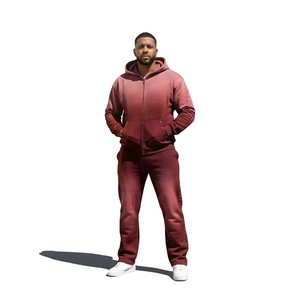 Ensemble de survêtement d'hiver personnalisé avec logo brodé appliqué, effet délavé à l'acide, style vintage, pantalon de survêtement ample et droit, 100% coton - Product Image 1