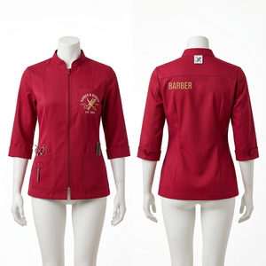 Chaqueta de Barbería para Mujer, 220 GSM, Sarga de Polialgodón, Color Crema Beige, Diseño de Paneles, Logotipo Personalizado con Serigrafía y Bordado, Ropa de Salón - Product Image 3