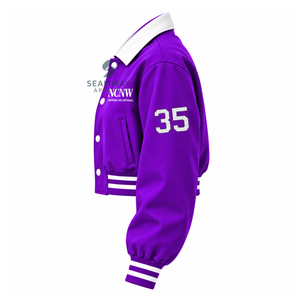 Chaqueta Universitaria Corta de Satén Morado para Mujer NCNW con Cuello en Contraste Blanco, Cierre de Botones a Presión y Escudo Bordado - Product Image 3