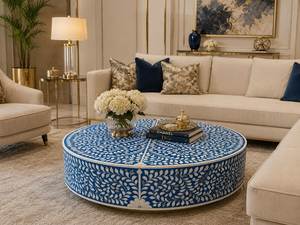Table basse ronde en os incrusté de style américain, motif bleu et blanc, design décoratif, artisanat ARIF AH-00570, fabriquée en Inde - Product Image 4