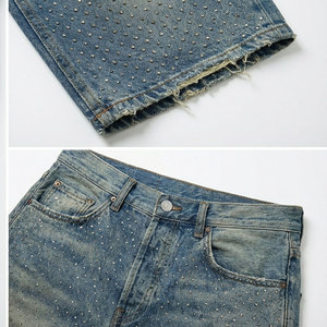 Shorts en jean personnalisés pour hommes 100% coton, coupe ample, avec strass en cristal, ourlet brut, style rétro vieilli, streetwear, hip-hop, été, décontracté - Product Image 3