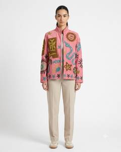 Veste Suzani en velours rose brodée et patchwork, col mandarin à points ouverts, entièrement imperméable et respirante en coton, pour l'hiver et l'été - Product Image 2