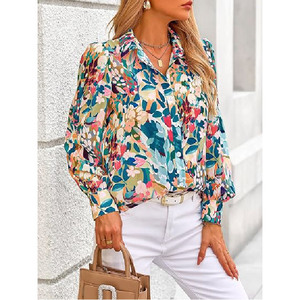 Chemisier à manches longues imprimé floral, col rabattu, coupe ample, décontracté, haut d'été respirant en viscose tissée et polyester pour femme - Product Image 2