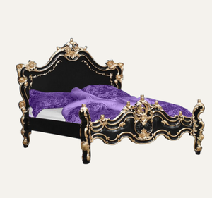 Meubles de chambre à coucher de luxe européens classiques en bois de mahogany massif sculpté à la main, taille king, confortables et durables, finition noir et or - Product Image 1