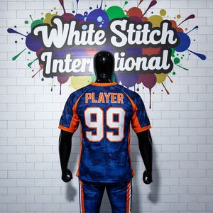 White Stitch Men's Sublimated Soccer Jersey V-Neck Blue Orange Camouflage Moisture Wicking <b>Athletic</b> Fit Short Sleeve - Product Image 2