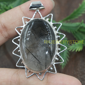 Colgante de Cuarzo Rutilado Negro Natural, Plata de Ley 925, Hecho a Mano, Diseño Ovalado con Forma de Rayos de Sol, Joyería de Cristal Curativo para Unisex - Product Image 6