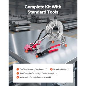 Kit di Imballaggio per Pallet Resistente con Cinghie in Acciaio da 400 Piedi, 400 Fermagli Metallici e Strumento di Sigillatura - Product Image 2