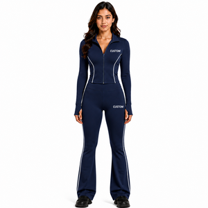 Custom Piping Long Sleeve Zip Up Navy Blue Collared Top <b>Flared</b> <b>Leggings</b> Two Piece <b>Womens</b> Activewear Tracksuit Gym Yoga Suit Sets - Product Image 2