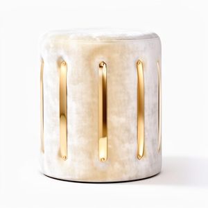 Velvet Round Golden Multiple Strip Ottoman Office Stool Foot Rest Stool Linen Fabric Padded Seat <b>Pouf</b> Ottoman with Round Shape - Product Image 1