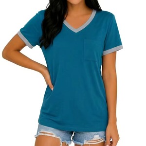 T-shirts personnalisés pour femmes, col en V, manches courtes, coton côtelé respirant, coupe ample, unis, décontractés, pour l'été - Product Image 1