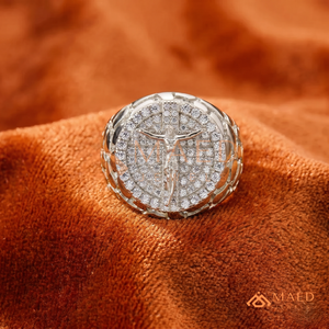 <b>Silver</b> Crucifix Medallion <b>Ring</b> | Iced Out Jesus <b>Cross</b> Statement Band | White Gold Finish Religious Hip Hop Jewellery - Product Image 1