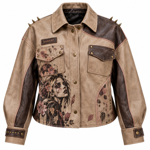 Chaqueta de cuero genuino beige para mujer, estilo motero, con estampado floral personalizado, botones a presión, bolsillos con solapa y detalles de púas, de fábrica. - Product Image 1