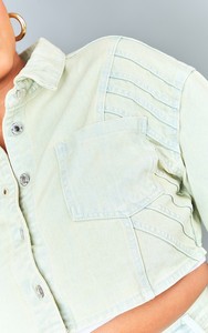 Chaqueta Vaquera Corta Verde Claro con Bolsillos de Parche, Manga Larga, Cuello Camisero, Otoño Invierno, Casual para Mujer, Ecológica 100% - Product Image 2