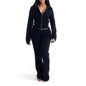 <b>Women</b> Black Hooded Tracksuit Set Full Length Zipper <b>Sweatpants</b> With Side Pockets Casual Loose Fit Solid Color Autumn Wear - Product Image 3